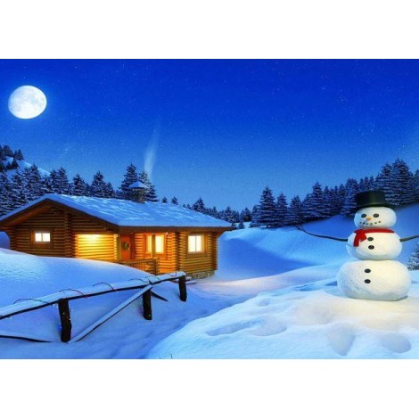 Snowman House and Full Moon Diamond Art Painting kit