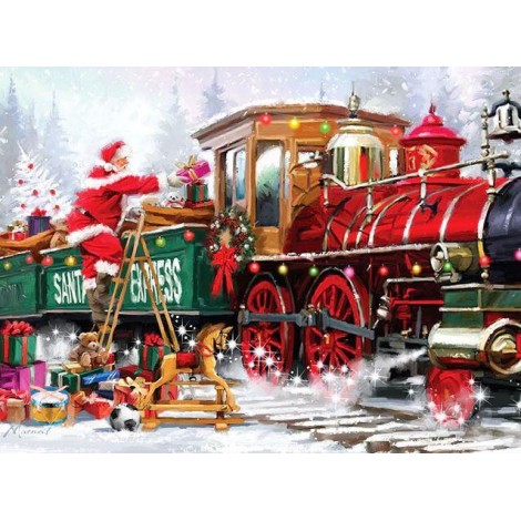Santa Clause with Christmas Gifts and Train Paint By Diamonds Kit