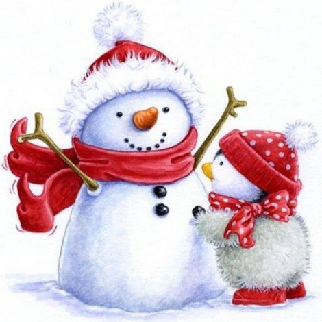 Christmas Snow Man and little Penguin Paint by Diamond Painting