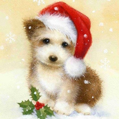 Christmas little Dog with Christmas Cap Diamond Painting Art