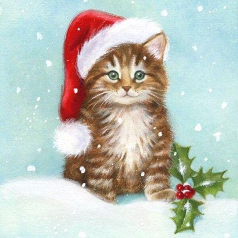 Christmas Cat in winter snow falling Diamond Painting Art