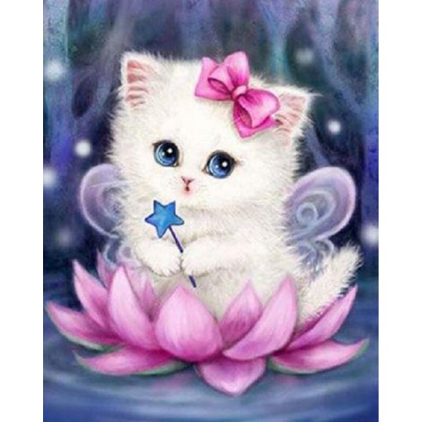 Beautiful White Fairy Kitten on Pink Flower Diamond Painting Art