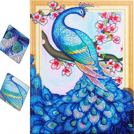 Blue Peacock and Flowers