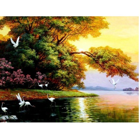 Lake View with Flying Birds