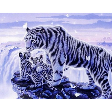 White Tiger with Two Cubs & Butterflies