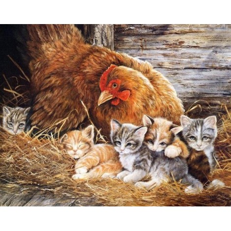 Innocent Kittens with Hen Mother