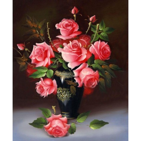 Pink Roses in Black Vase