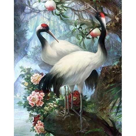 Flowers & Red Crowned Crane in the Forest