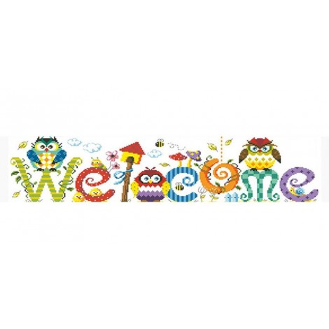 Colorful Welcome Sign with Cute Owls Painting with Diamonds