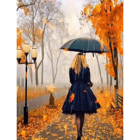 Girl with Umbrella Walking in the Rain