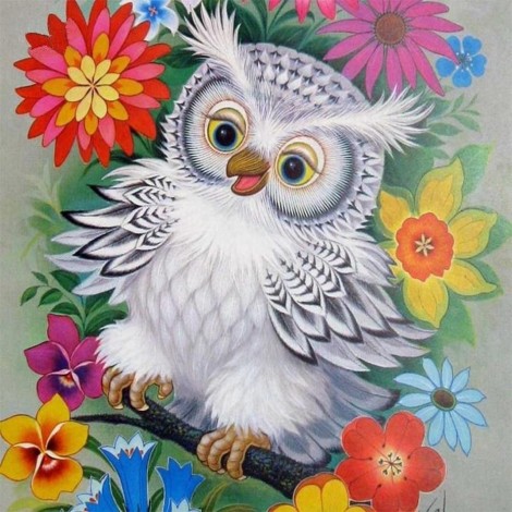 Happy Owl Sitting in Flowers